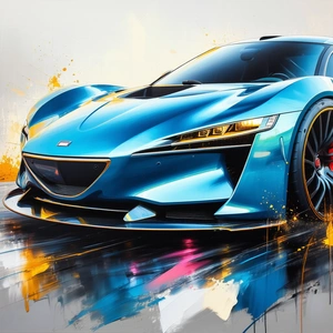 Tech Acrylic Painting: Automotive Technology In Design Studio With Blue Sports