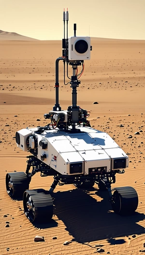 A White Robotic Vehicle With A Camera On Top, Driving Across A Sandy Terrain