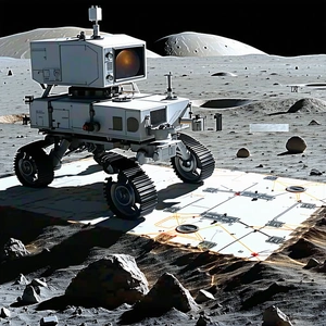 A Robotic Vehicle Is Parked On A Rocky Surface, Possibly On The Moon