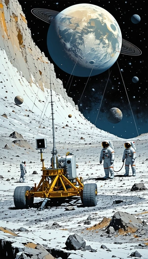 In The Image, There Are Three Astronauts Standing On The Moon, With One Of Them Holding A Rope
