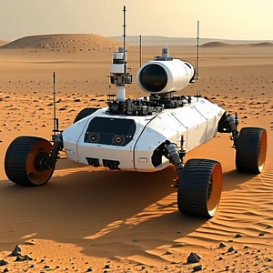 A White Robotic Vehicle With A Large Dome On Top, Driving Across A Sandy Terrain