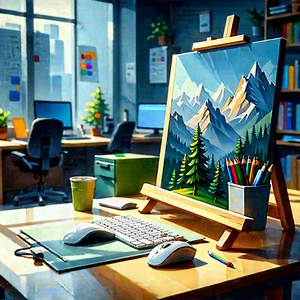 Educational Technology In Tech Office With Painting Mountain