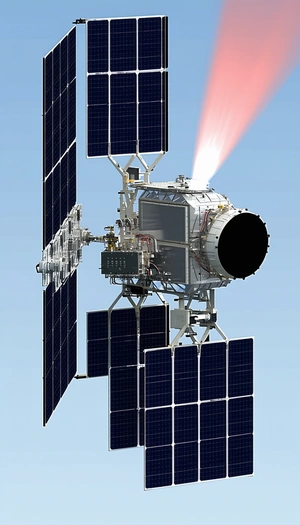 A Spacecraft Is Shown In A Close-up View, With Its Solar Panels And Other Components Clearly Visible