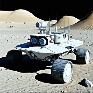 A White Robotic Vehicle Is Parked On A Rocky Surface, Possibly On The Moon
