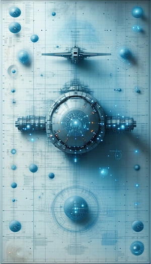 A Futuristic Space Station Is Depicted In A Blue And White Color Scheme