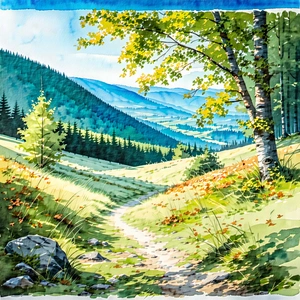 Lifestyle Watercolor Painting: Autumn Hike During Summer With Painting Forest