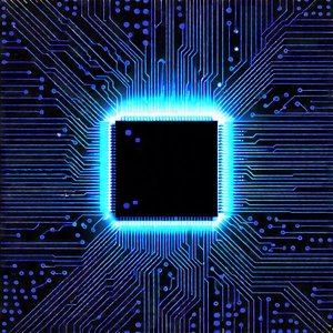 Tech Woodcut Print: Microchip with blue light (glow:1.2)