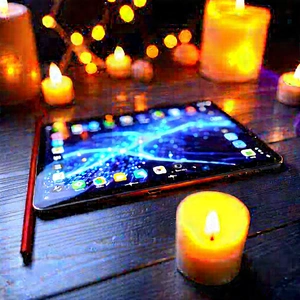 Tablet With Glowing Screen With Table Candle