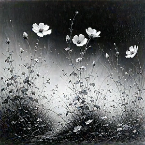Nature Charcoal Drawing: Wildflowers In Natural Setting With Beautiful Painting