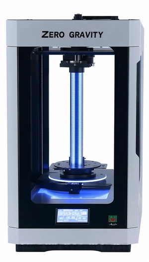 A Large Blue Light Is Shining On A Machine, Which Appears To Be A 3d Printer