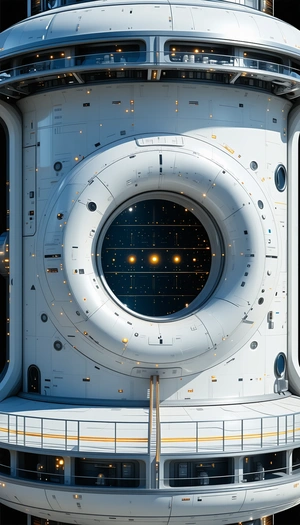 A Large, White, And Futuristic Spacecraft With A Large, Round Window In The Center