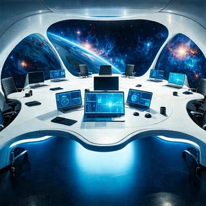 Tech Aerial Photography: (futuristic:1.41) Digital Workspace With Image, There