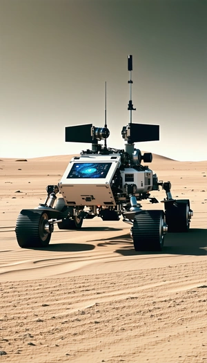 A White Robot Is Driving Across A Sandy Surface, Possibly A Desert