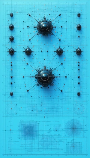 A Blue Background With A Large Number Of Black Circles And Lines