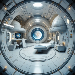 In This Futuristic Space Station, There Is A Large Circular Room With A Bed In The Middle