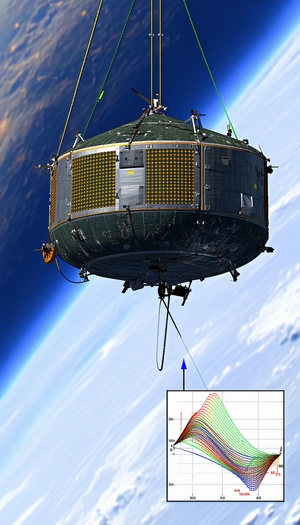 A Large Satellite Is Suspended In The Air, With A Blue Line Attached To It