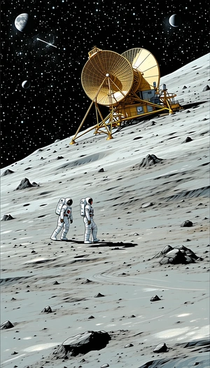 In The Image, There Are Two Astronauts Standing On The Moon, Wearing White Suits