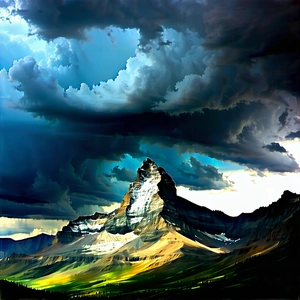 Nature Oil Painting: Storm Clouds Over Mountain Peak With Majestic Mountain