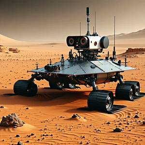 A Robotic Vehicle Is Sitting On A Dirt Surface, Possibly In A Desert