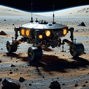 A Small Robotic Vehicle Is Driving Across A Rocky Surface, Possibly On A Moon Or A Planet