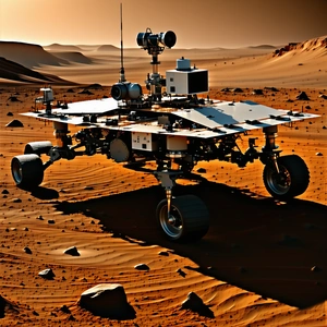 A Large Robotic Vehicle, Possibly A Rover, Driving Across A Rocky Terrain