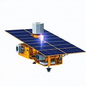 A Solar Panel Spacecraft With A Large Satellite Dish On Top