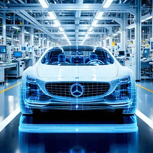 Tech Matte Painting: Automotive Technology In Manufacturing Facility With White Mercedes