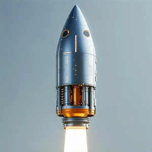 A Rocket Ship With A Silver And Gold Color Scheme, Soaring Through The Sky
