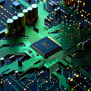Tech Ink Drawing: Circuit board with digital particles