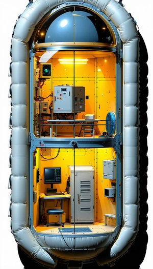 In The Image, There Is A Large, Yellow Room Filled With Various Electronic Equipment
