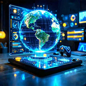 Educational Technology In Tech Office With Blue Globe