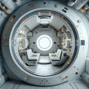In The Image, There Is A Large, White, Circular Room With A Central Circular Window