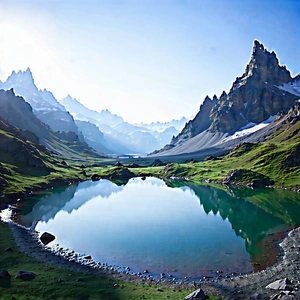 Nature Drone Photography: Tranquil Pond Surrounded By Mountain Peaks With Serene Mountain