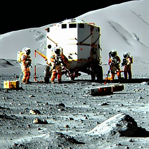 A Group Of Four Astronauts Standing On The Moon's Surface
