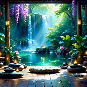 Lifestyle Acrylic Painting: Wellness Scene With Meditation Space With Image, There