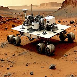 A White Rover Vehicle On A Rocky Terrain, Likely On Mars
