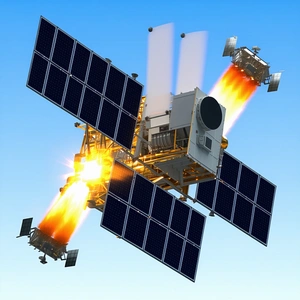 A Spacecraft With A Solar Panel On Its Side Is Flying Through The Sky