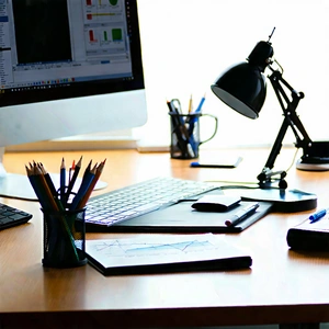 Business Etching: Workplace With Productivity Tools On Desk With Wooden Desk