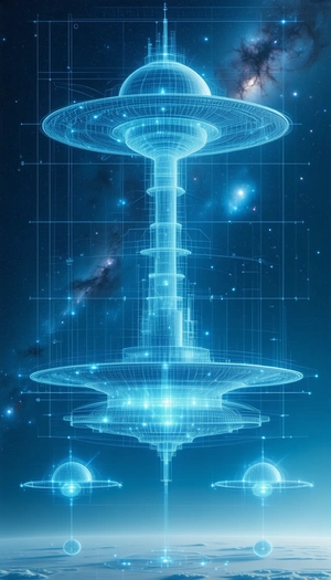 A Futuristic, Blue-lit Structure That Resembles A Tower Or A Large