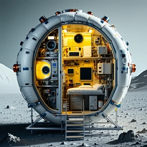 A Large, White, And Round Spacecraft, Possibly A Space Station Or A Space Shuttle, With A Bed Inside