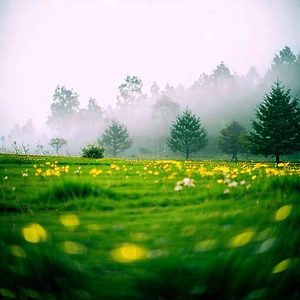 Nature Geometric Design: Meadow During Foggy Morning With Lush Green