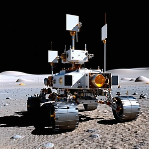 A White Robotic Vehicle With A Large Antenna On Top, Parked On A Rocky Surface