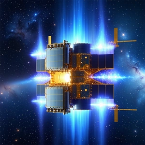 A Spacecraft With A Large, Blue, And Yellow Dome On Top Of It