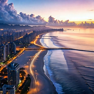 Urban Commercial Photography: Cityscape of coastal (city:1.28) during sunrise