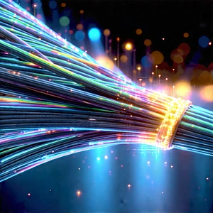 Close-up Of Fiber Optic Cables With Blue Wire