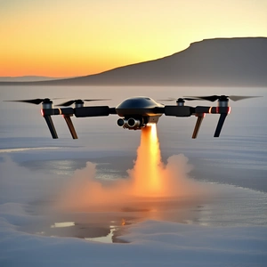 A Black Helicopter Flying Over A Frozen Lake