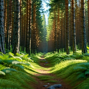 Nature Product Photography: Path Through Pine Forest With Lush Green