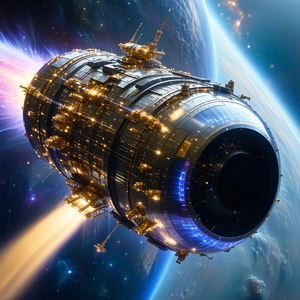 A Large, Futuristic Spacecraft With A Blue And Gold Color Scheme