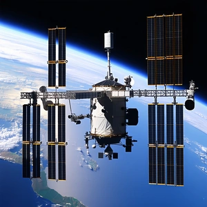 A Space Shuttle With A Large Satellite Dish On Top Of It