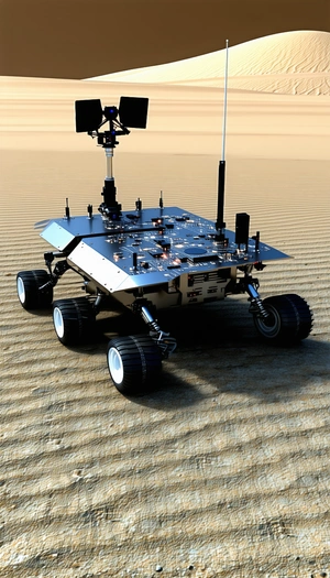 A Robotic Vehicle Is Sitting On A Sandy Surface, Possibly A Desert